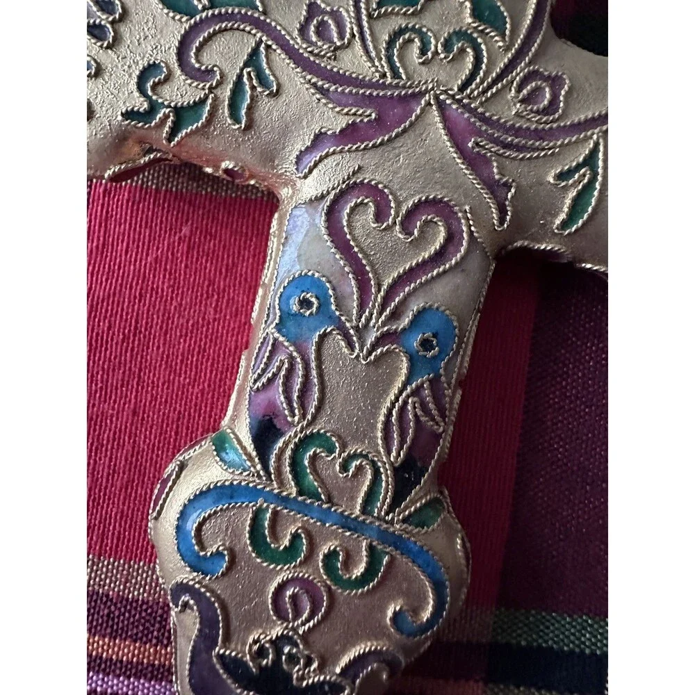Vtg CLOISONNÉ ENAMEL CROSS Intricate Floral Design With Birds Ornament 5-1/4”